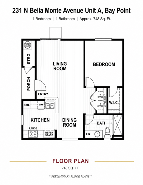 Floor plan for 1 bed, 1 bath, 748 sqft